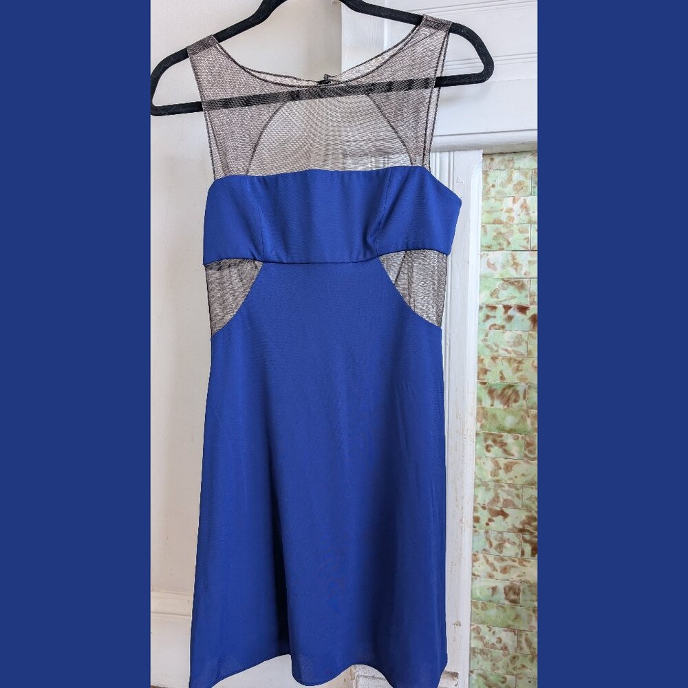 BCBGMaxAzria Blue Cocktail Dress with Illusion Fabric and Open Back